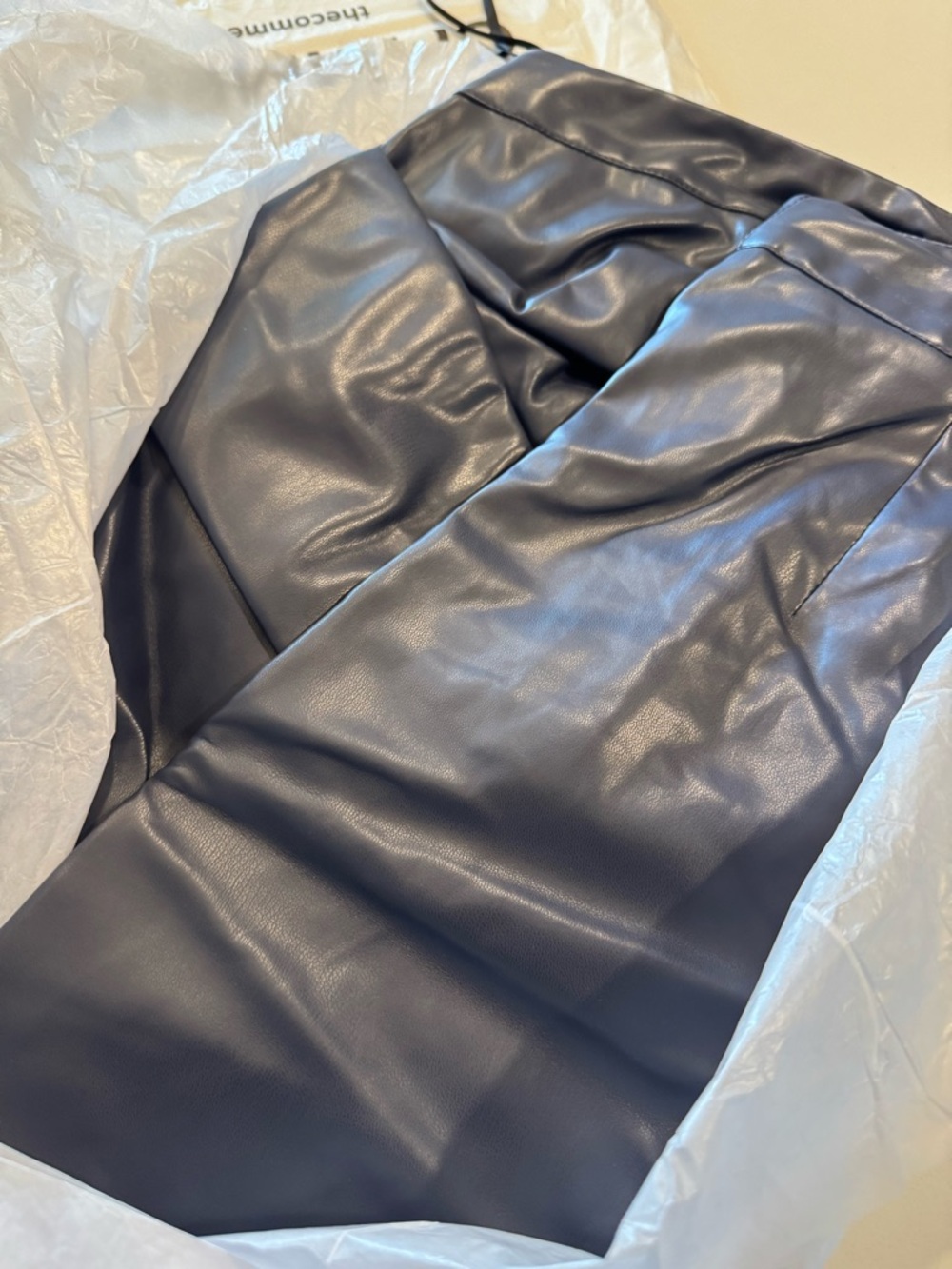 Commense Navy PU Leather Ruched Midi Skirt with Side Slit - Picture 4 of 5